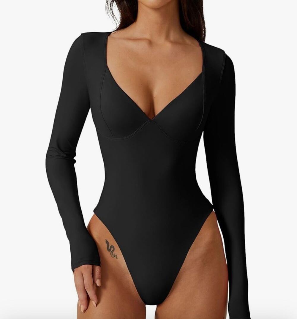 QINSEN Women's Long Sleeve Bodysuit V Neck Body Suits Size L